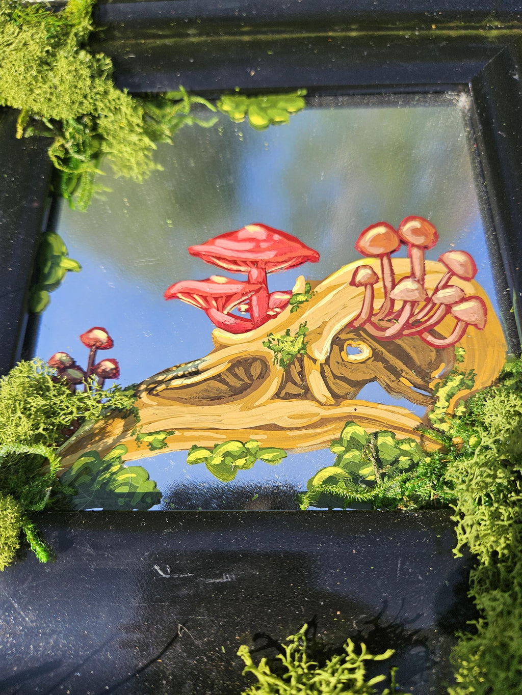 Mirror Painting: Crow Skull with Mushrooms and Moss