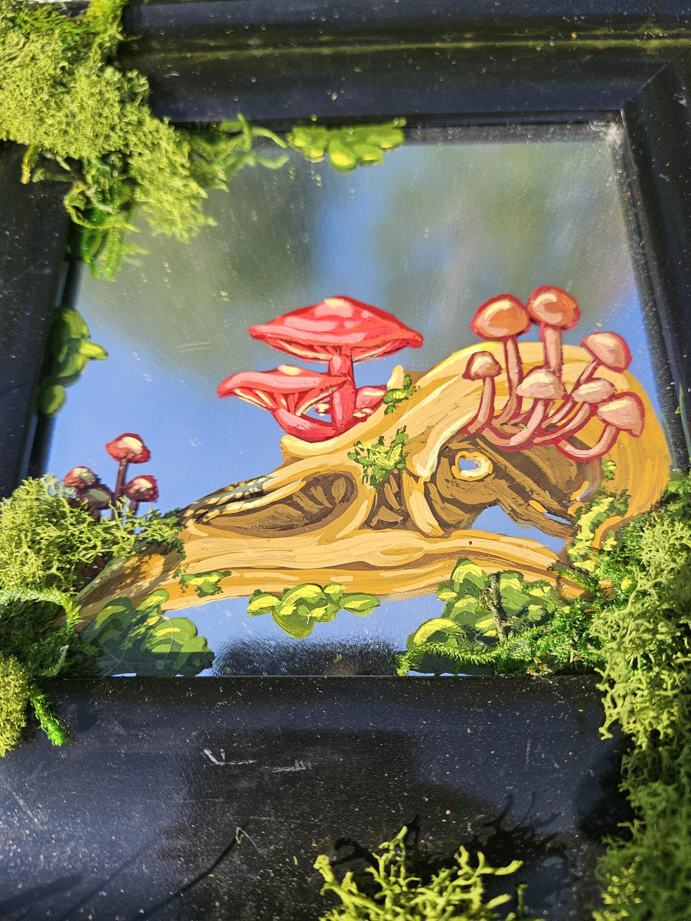 Mirror Painting: Crow Skull with Mushrooms and Moss