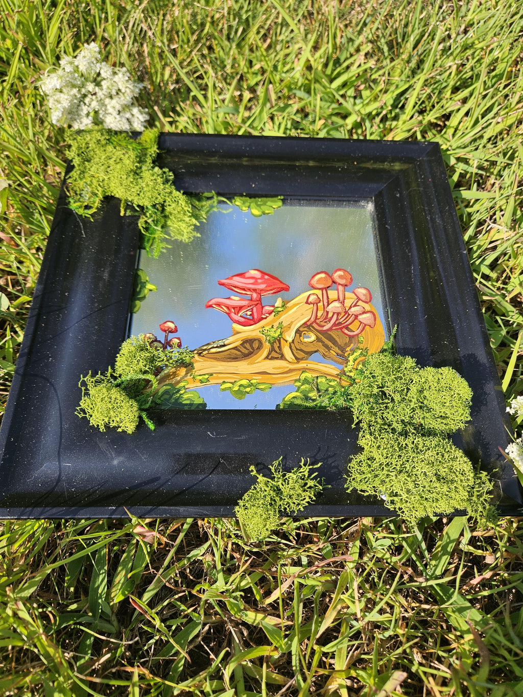 Mirror Painting: Crow Skull with Mushrooms and Moss
