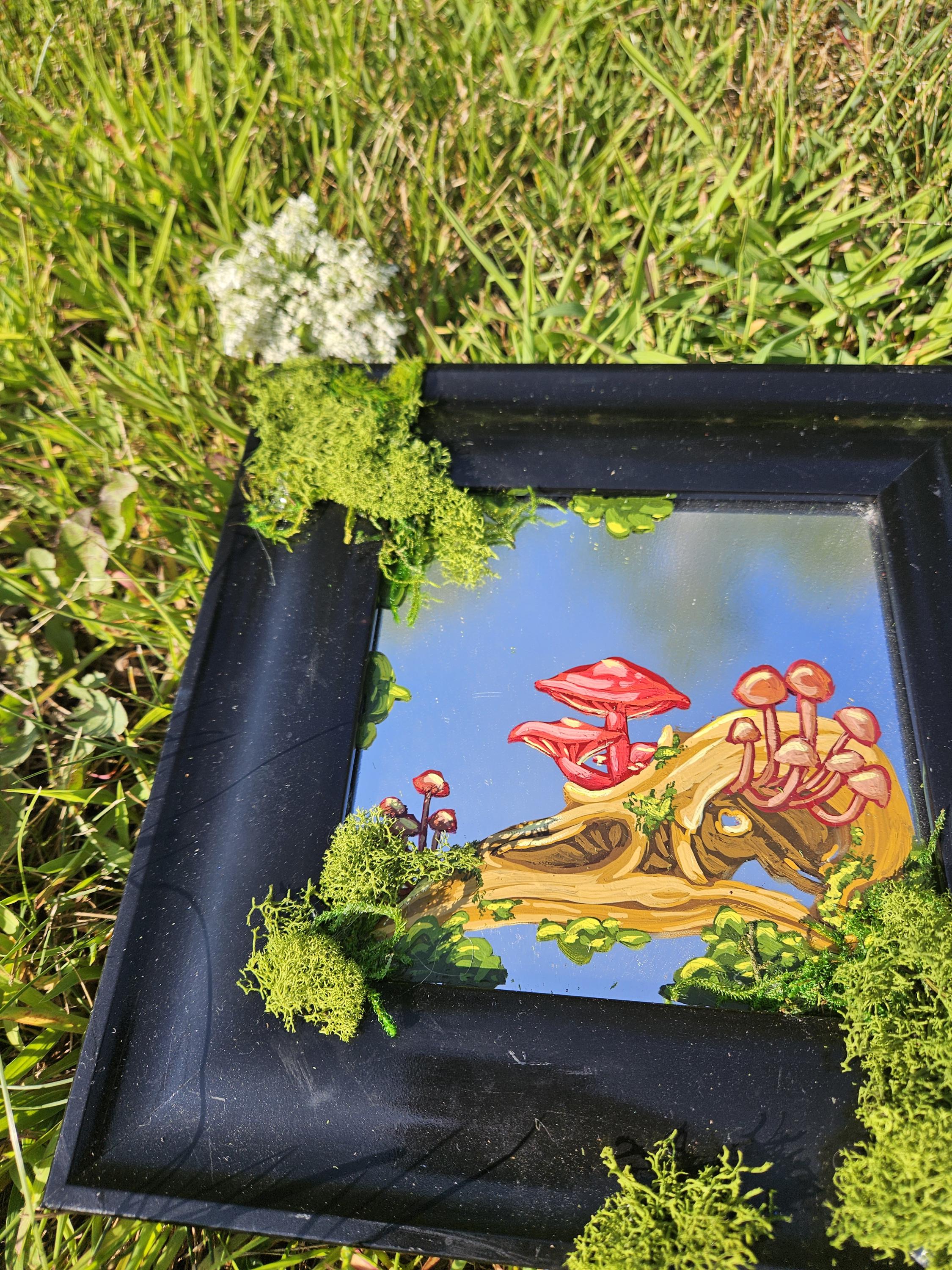 Mirror Painting: Crow Skull with Mushrooms and Moss