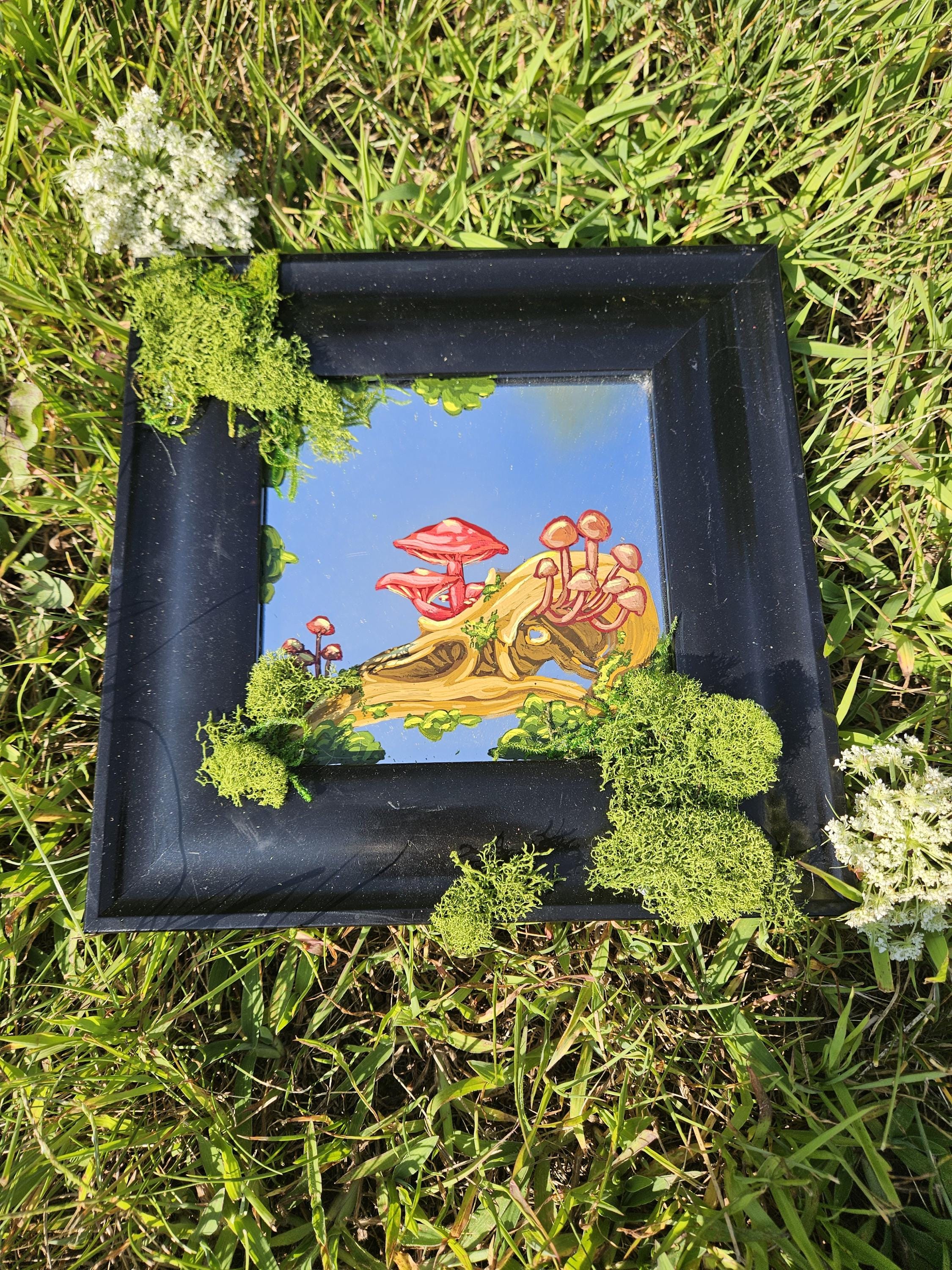 Mirror Painting: Crow Skull with Mushrooms and Moss