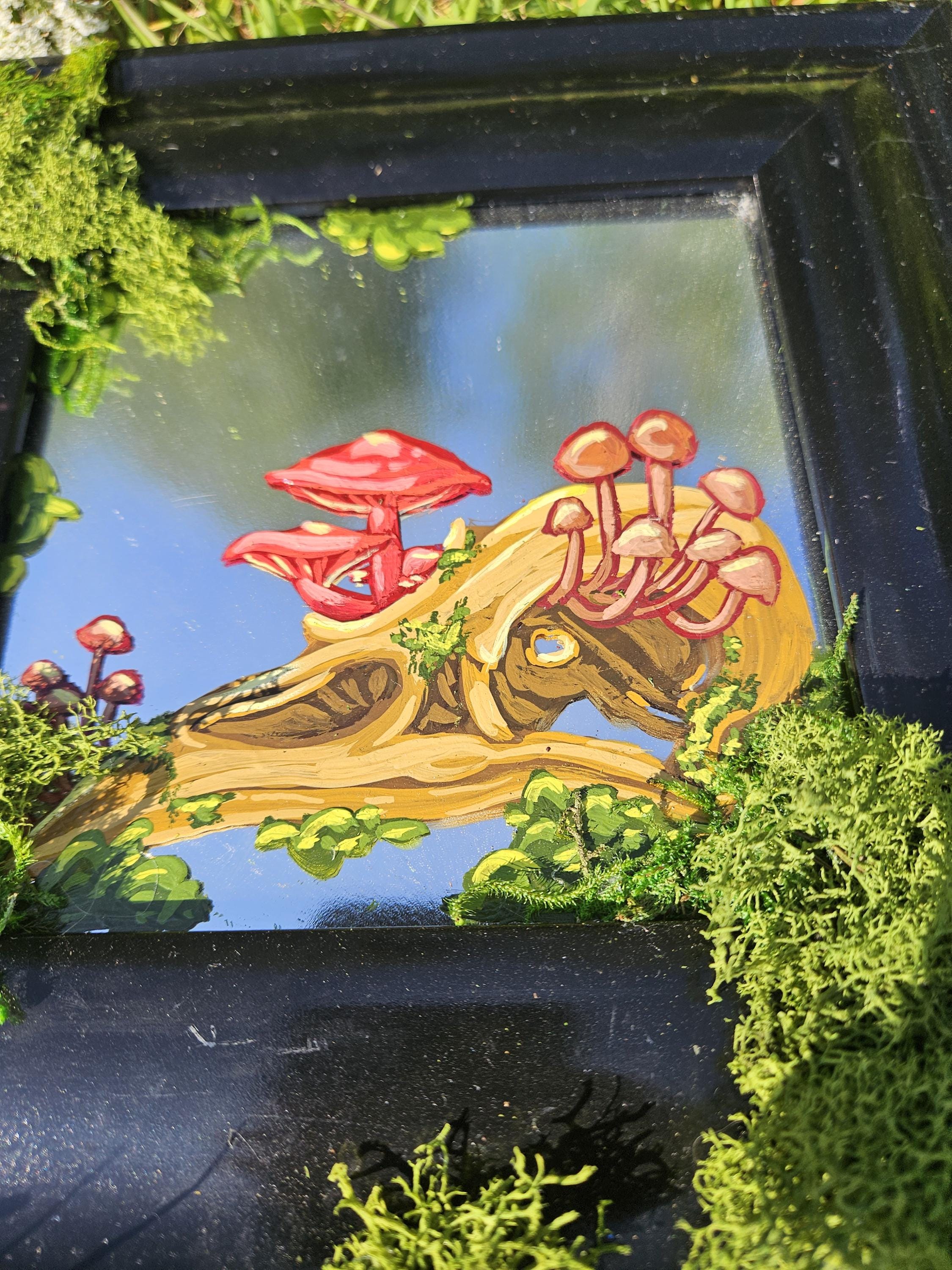 Mirror Painting: Crow Skull with Mushrooms and Moss