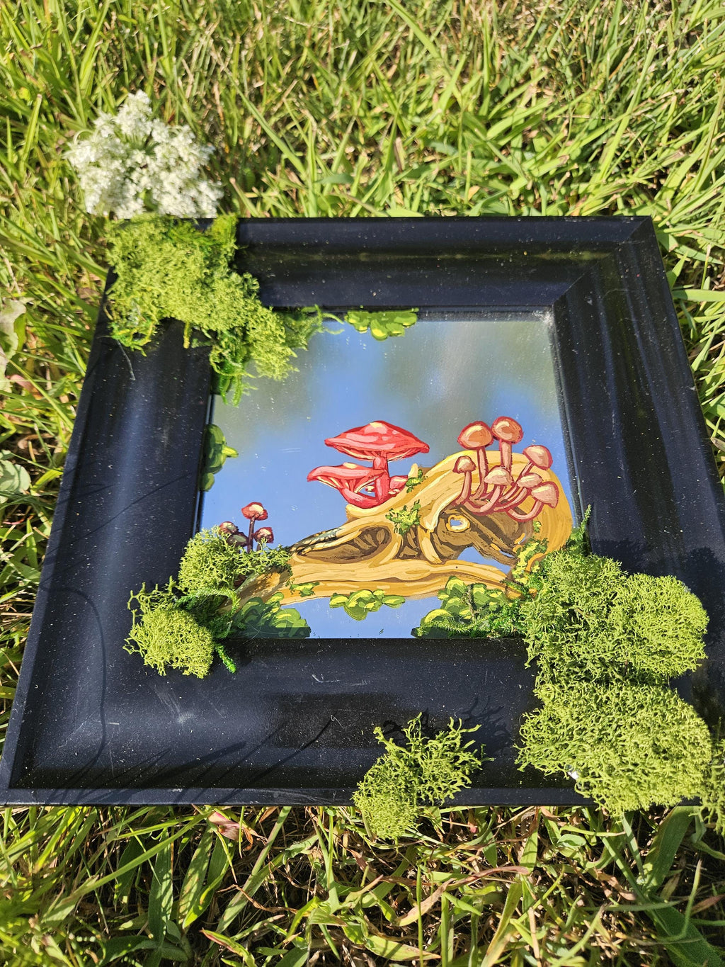 Mirror Painting: Crow Skull with Mushrooms and Moss