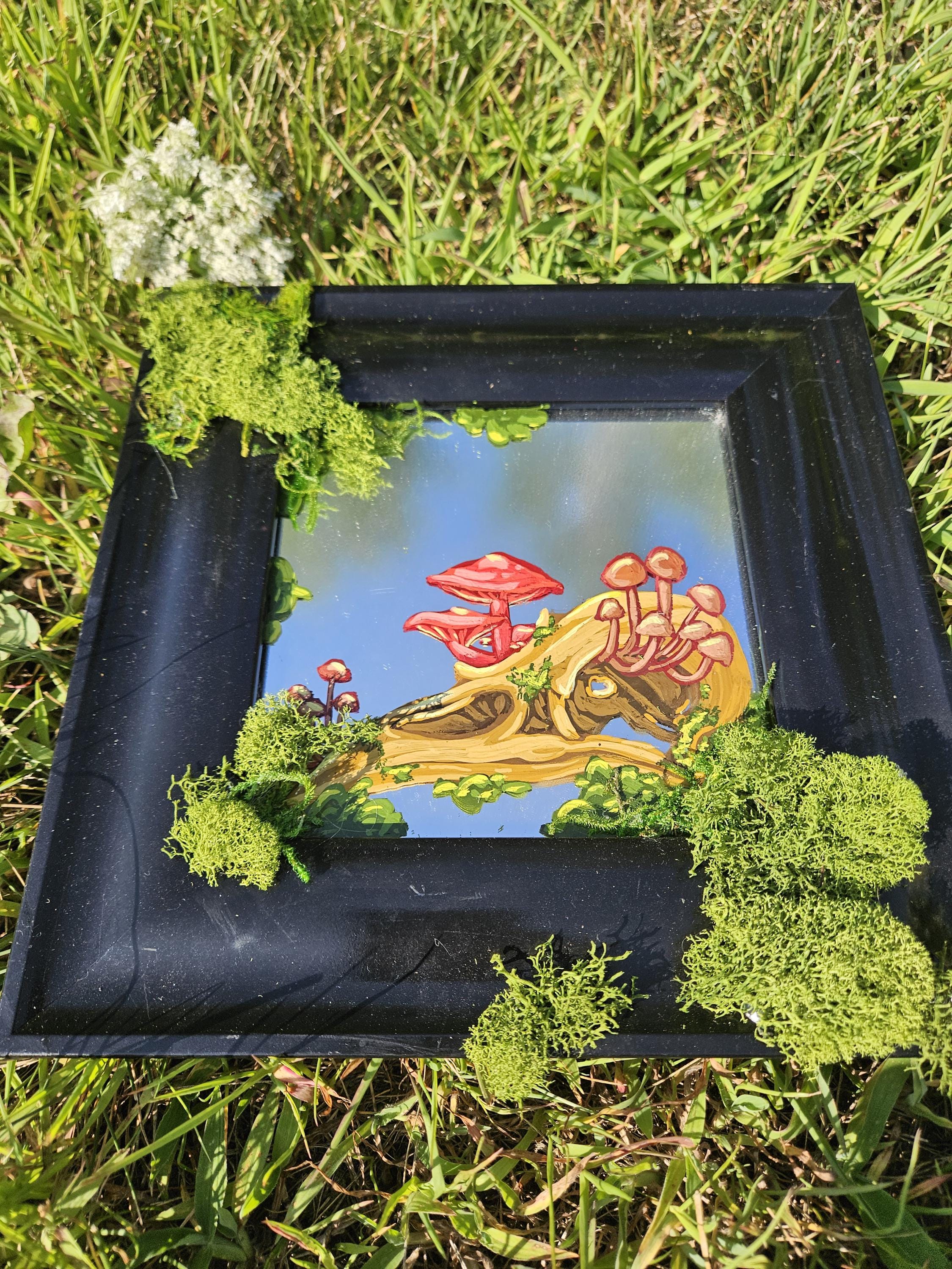 Mirror Painting: Crow Skull with Mushrooms and Moss